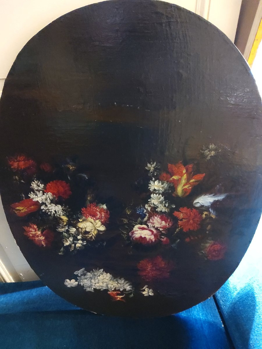 Pair Of Oil On Canvas Medallions Mounted On Wood, Bouquets Of Flowers, 17th Century-photo-3